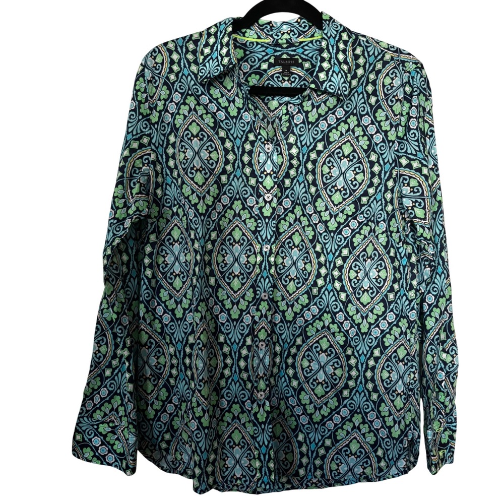 Talbots Women's Medium NWT Medallion Print Button Front Long Sleeve Shirt